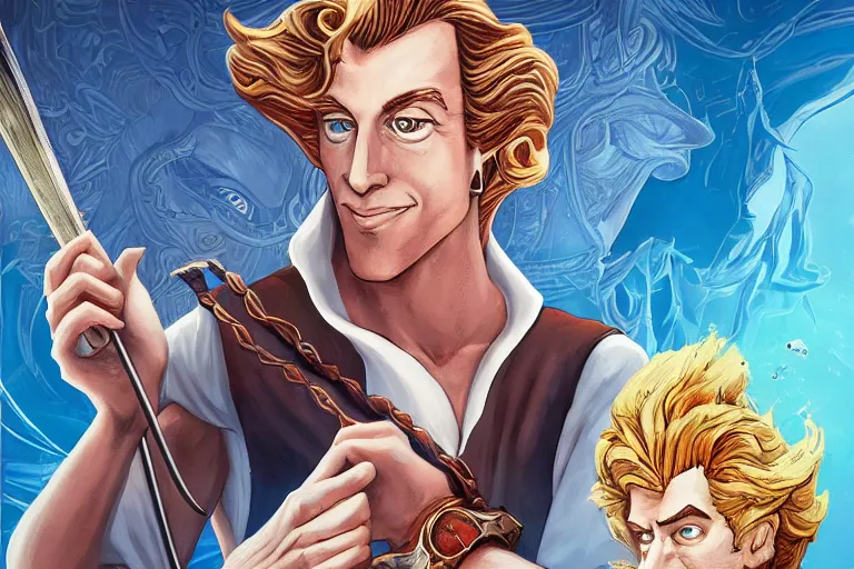 Image similar to guybrush threepwood in King’s Quest IV, Erana’s Peace, a sense of mystery, cinematic, ultra detailed, intricate, sharp focus, trending on artstation, 8K, comic artwork cover by James Jean