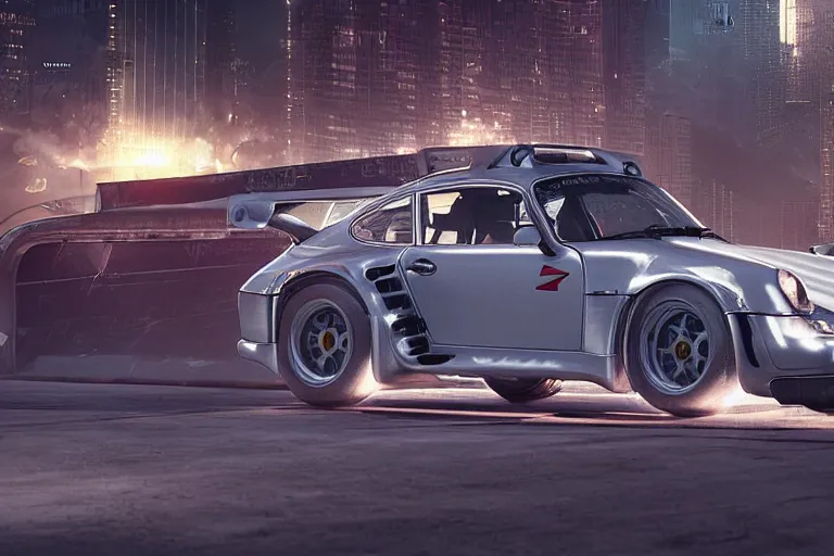 Prompt: porsche 9 5 9 rwb cyberpunk fighter jet flying over a city, back to the future flux capacitor, a hyper - futuristic detailed matte painting by zack snyder, trending on cg society, auto - destructive art, vray tracing, unreal engine 5, reimagined by industrial light and magic