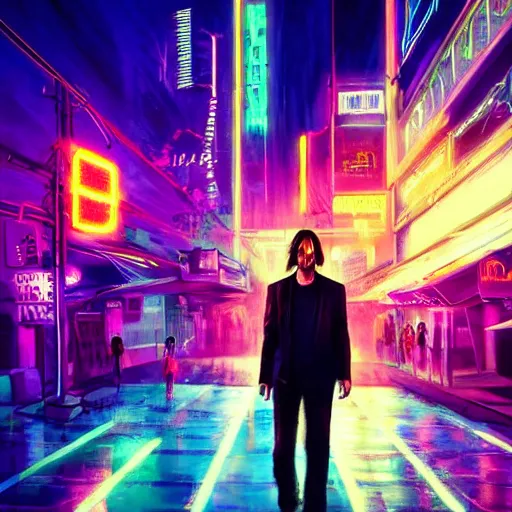 Prompt: photo of Keanu Reeves on neon street in Cyberpunk city, synthwave, artstation art, night, professional light