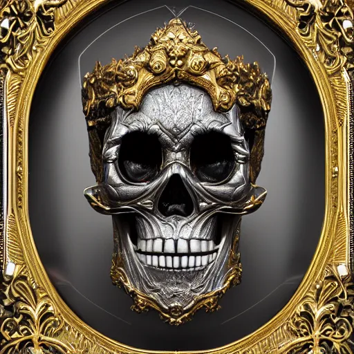 Image similar to a beautiful, ornate and intricate rococo skull with silver and gold details, inside a black rococo frame, 4k, octane render, vray, unreal engine, photorealistic