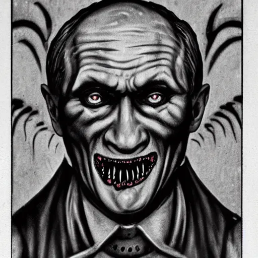 Image similar to vladimir putin demonic horror jester face, in lava cave, polaroid black and white picture, 1 9 th century, scary horrifying satanic rituals, hell gate