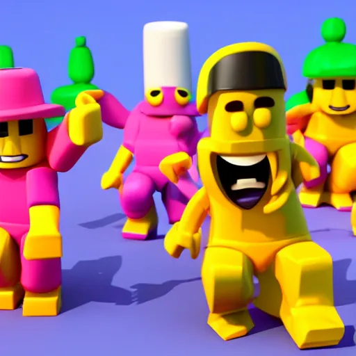 Image similar to high quality 3d render of happy roblox figures, bright and fun colors, octane render, trending on artstation