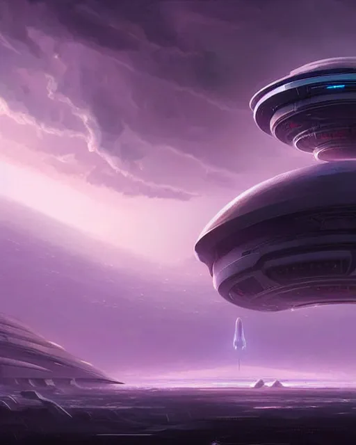 Prompt: alien base on a strange planet, visible from afar!!, evening storm, futuristic, artstation, concept art, beautiful space ship!!, highly detailed by florian dreyer, jonathan dufresne, encho enchev