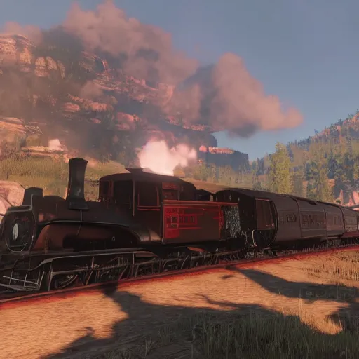 Image similar to futuristic sleek steam locomotive in red dead redemption 2