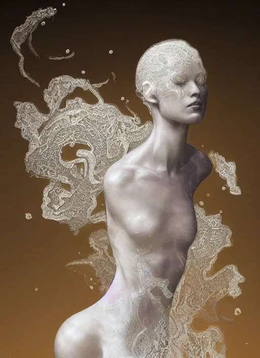 Prompt: opalescent marble sculpture of beautiful woman dissolving into shimmering dust, fractal paisley inlay, lace, intricate, elegant, highly detailed, digital photography, art by artgerm ruan jia and greg rutkowski