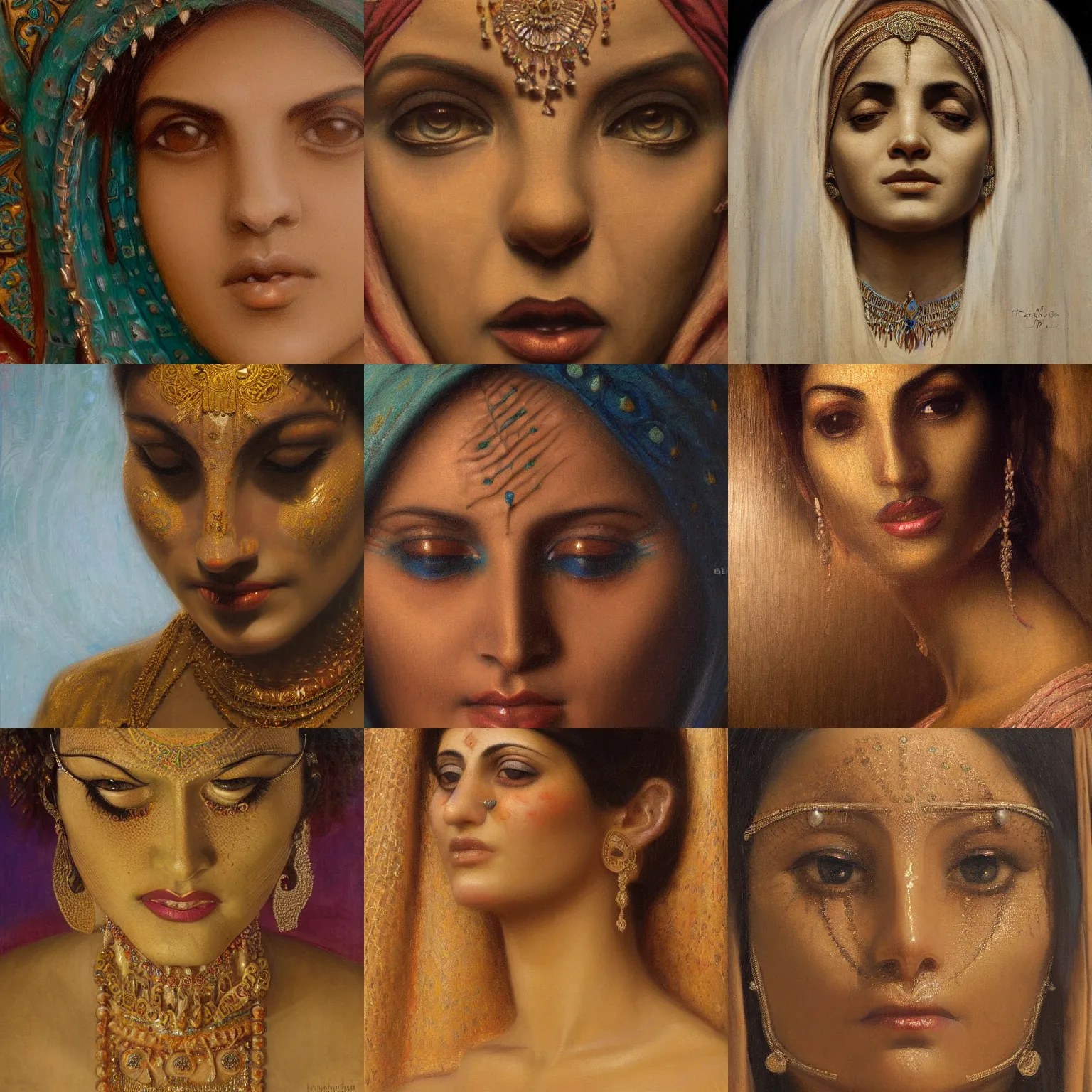 Image similar to orientalism female djinni face detail by edwin longsden long and theodore ralli and nasreddine dinet and adam styka, masterful intricate artwork. oil on canvas, excellent lighting, high detail 8 k