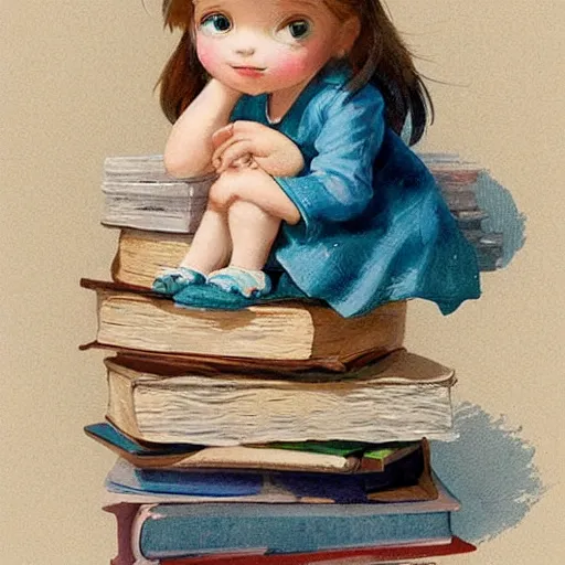 Image similar to a cute little girl with a round cherubic face, blue eyes, and short wavy light brown hair sitting on top of a stack of books. beautiful cartoon painting with highly detailed face by quentin blake and greg rutkowski