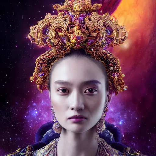 Image similar to a beautiful empress portrait, with a brilliant, impossible striking big cosmic galaxy headpiece, clothes entirely made out of cosmos chaos energy, symmetrical, dramatic studio lighting, rococo, baroque, jewels, asian, hyperrealism, closeup, D&D, fantasy, intricate, elegant, highly detailed, digital painting, artstation, octane render, 8k, concept art, matte, sharp focus, illustration, art by Artgerm and Greg Rutkowski and Alphonse Mucha