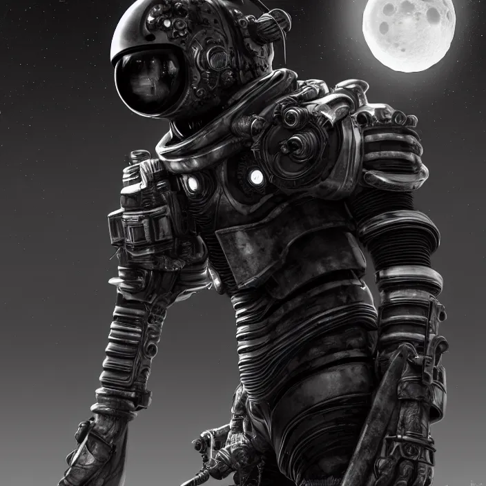 Image similar to a vertical portrait of a character in an spaceship, moon behind, by nihei tsutomu, black and white, dreamy, steampunk bioarmor, highly detailed, 3 d render, vray, octane, realistic lighting