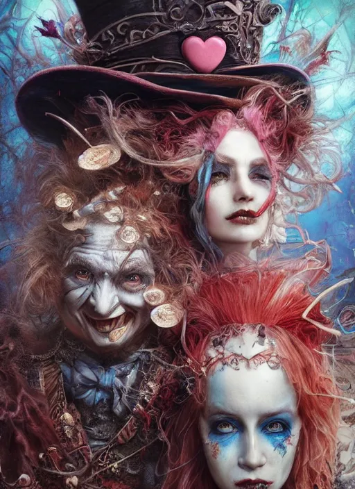 Image similar to Mad Hatter and Queen of Hearts,highly detailed,cinematic,8k,by Stanley Artgermm,Tom Bagshaw,Greg Rutkowski,Carne Griffiths, Ayami Kojima, Beksinski, Giger,Anne Stokes, Benjamin Lacombe,trending on DeviantArt,hyper detailed,horror, full of colour