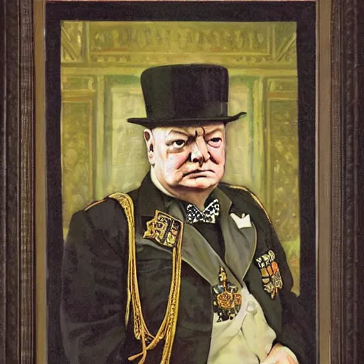 Image similar to winston churchill dressed in cuberpunk military gear. Epic portrait by james gurney and Alfonso mucha.