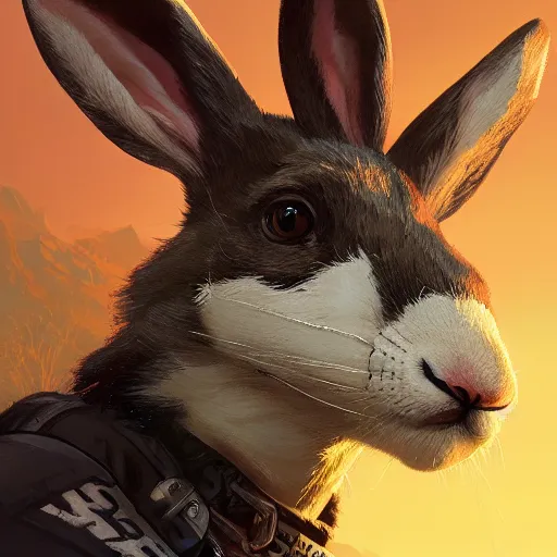 Image similar to highly detailed portrait of a biker rabbit in gta v, stephen bliss, unreal engine, fantasy art by greg rutkowski, loish, rhads, ferdinand knab, makoto shinkai and lois van baarle, ilya kuvshinov, rossdraws, tom bagshaw, global illumination, radiant light, detailed and intricate environment