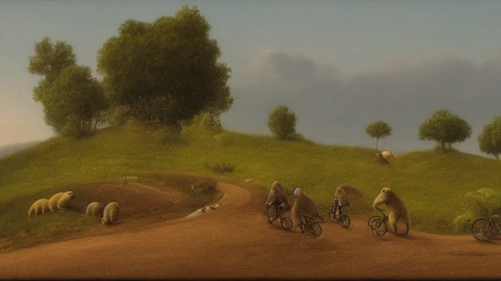 Prompt: a few sloth friends, riding their bicycles down the hill, dreamy landscape, sunset, in the style of michael sowa