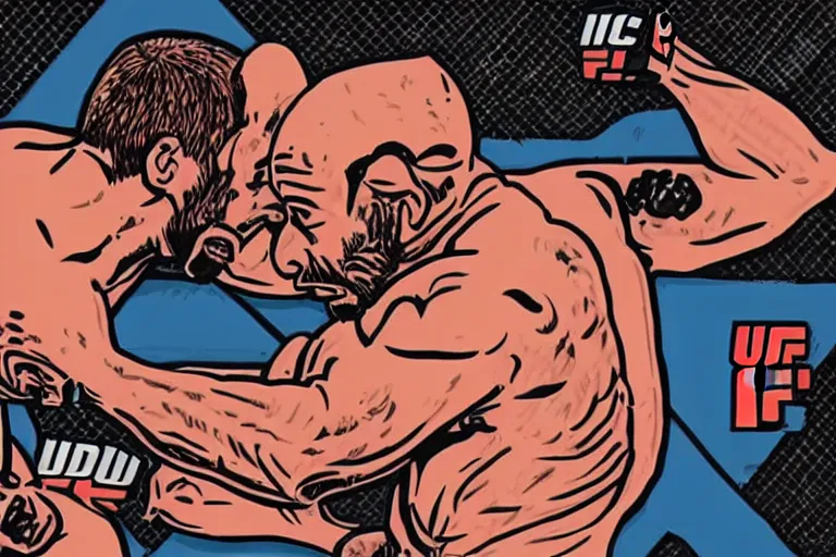 Image similar to Sam Hyde fighting Joe Rogan in the UFC octagon, Mike Judge art style, 90's mtv illustration, clean linework