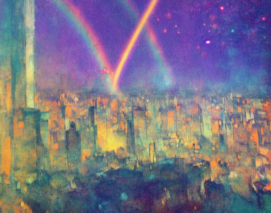 Image similar to Incredible futuristic city ultradetailed wonderful landscape by degas, Louvres gallery. Amazing colour scheme. Incredibly colourful. Rainbow. Stars falling. Incondescent sunshine