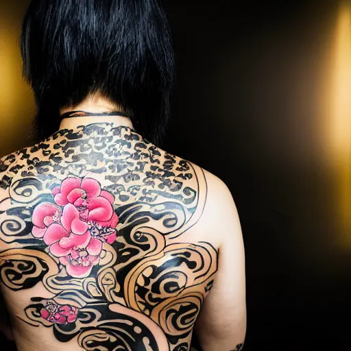 Image similar to photography of the back of a woman with a black detailed irezumi tatto representing a gold tiger with pink flowers on her entire back, mid-shot, editorial photography