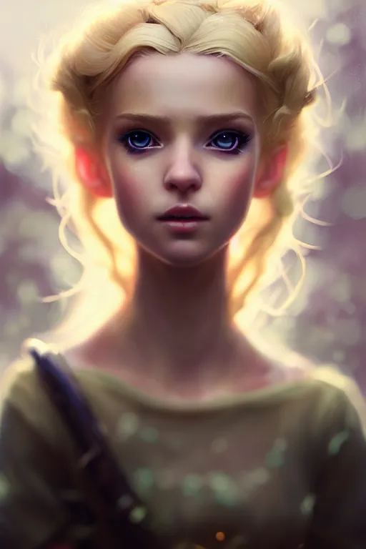 Image similar to cinematic shot of an epic portrait of a cute blonde fairy dressed in military clothes, stylised military clothes, shiny skin, beautiful eyes, beautiful, small details, night setting, realistic poster with volumetric light from craig mallism, artgerm, jeremy lipkin and michael garmash, unreal engine, radiant light, digital art, trends at art station, a masterpiece