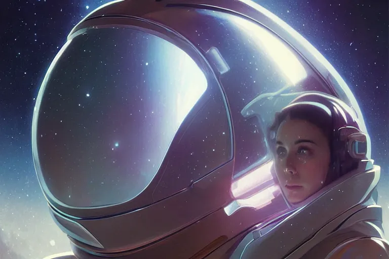 Prompt: Portrait of a Futuristic reflective spacesuit visor mirror spacesuit reflecting a nebula supernova in space, portrait, elegant, intricate, digital painting, artstation, concept art, smooth, sharp focus, illustration, art by artgerm and greg rutkowski and alphonse mucha