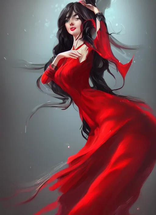 Image similar to a highly detailed illustration long black haired woman wearing red dress, elegant smiling pose, perfect face, perfect body, intricate, elegant, highly detailed, centered, digital painting, artstation, concept art, smooth, sharp focus, league of legends concept art, wlop