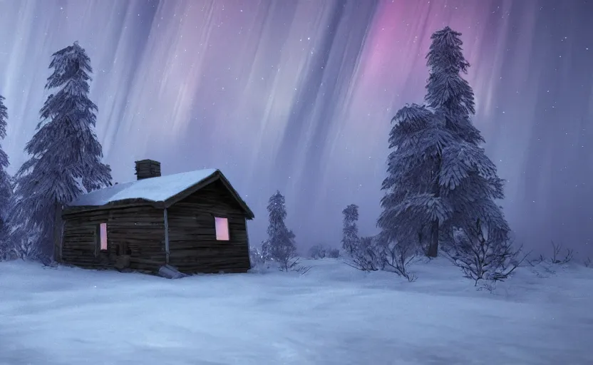 Image similar to A abandoned wooden hut in a winter forest environment concept, northern lights, horror game, artstation