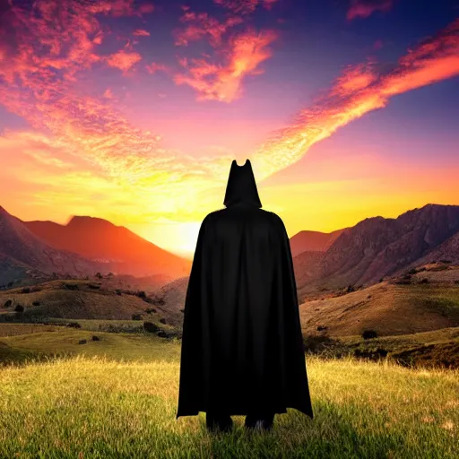 Image similar to man with a black cape on a hill mountains in background sunrise, realistic, detailed