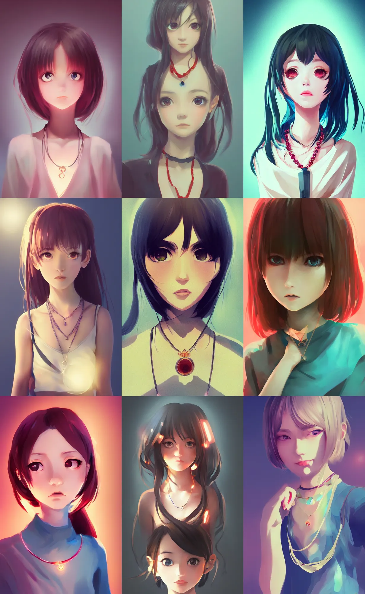 Prompt: asymmetrical portrait cute girl anime girl wearing a beautiful glowing necklace. organic painting, matte painting, bold shapes, hard edges, trending on artstation, dramatic lighting. in the style of ilya kuvshinov.