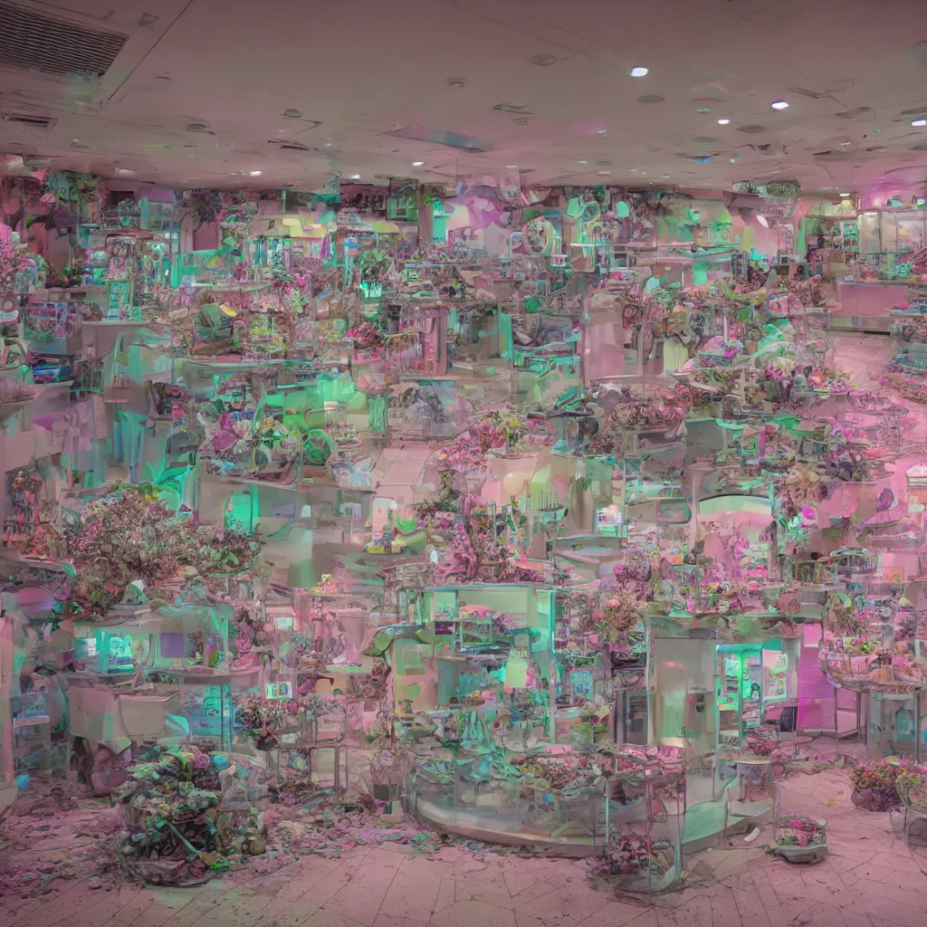 Prompt: futuristic, pastel colors, hd 8 k, digital design, abandoned, overgrown, candy shop in a mall