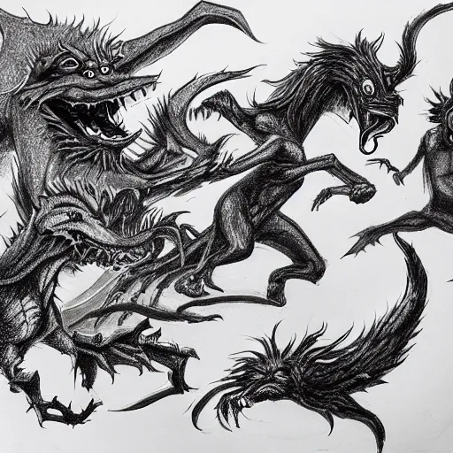 Image similar to detailed drawing of shadows chasing other shadow monsters by art gem.