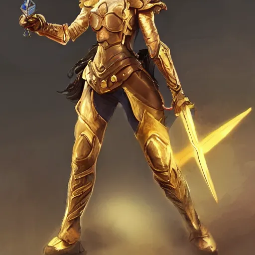 Prompt: a woman in armor holding a sword and floating magic golden gem, concept art by senior character artist, polycount contest winner, vanitas, artstation hd, concept art, 2d game art