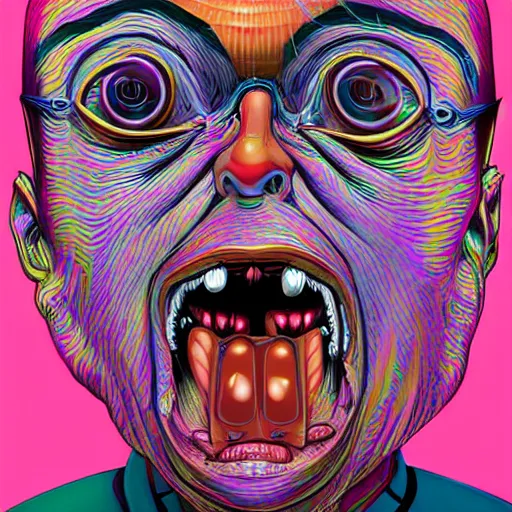 Prompt: bizarre and wacky holographic face, symmetrical, crazy eyes, bizarre, chaotic, vivid, hyper detailed, digital art, 8 k, in the style of daniel clowes