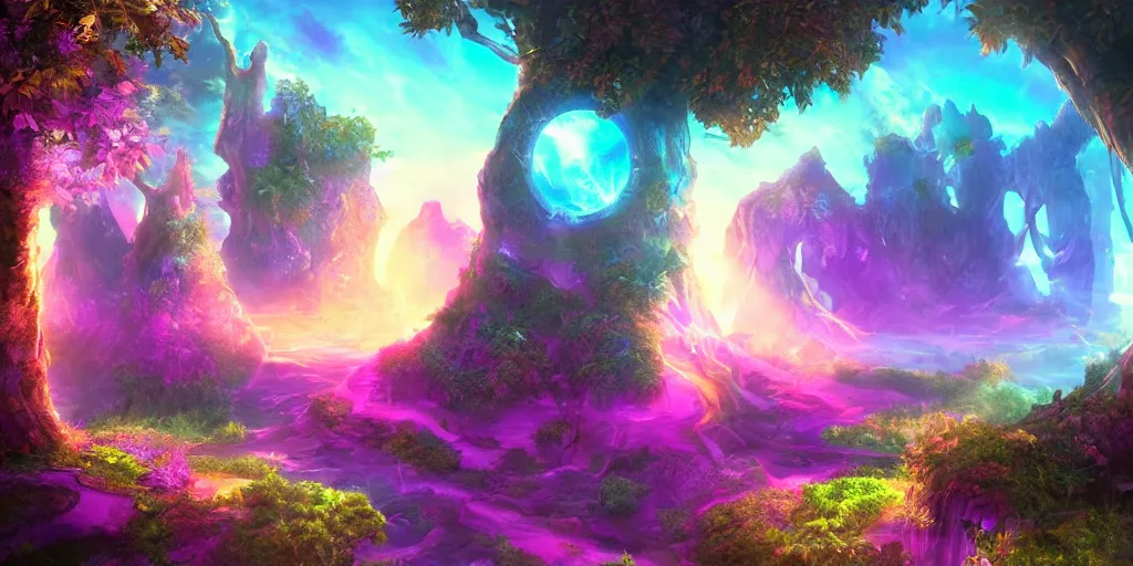 Image similar to fantasy world portal by Lisa Frank dramatic lighting, cinematic establishing shot, extremely high detail, photorealistic, cinematic lighting