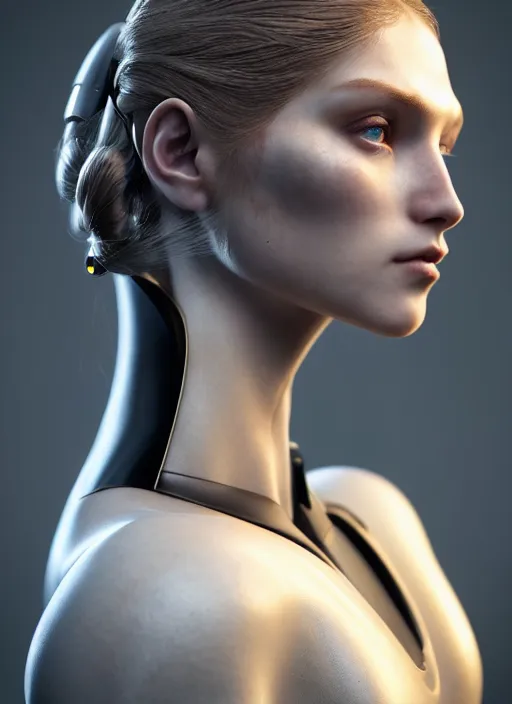 Image similar to a stunning young female cyborg profile face, by pre - raphaelite brotherhood, unreal engine, glamor shot, nikon d 7 5 0, closeup, f / 2. 8, low contrast, 1 6 k, rim lighting, optical fiber, cinematic lighting, insanely detailed and intricate, hypermaximalist, elegant, ornate, hyper realistic,