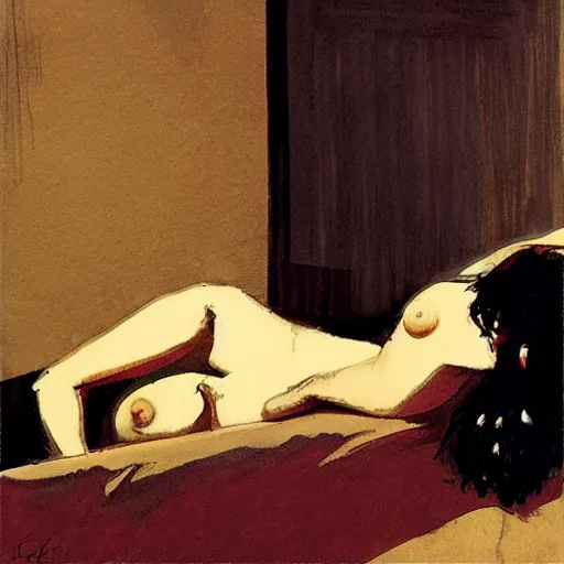 Prompt: gal godat in a noir hotel room by jeffrey catherine jones