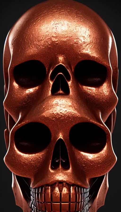 Image similar to portrait of a carved copper skull. intricate detail. melting. by Tooth Wu, wlop, beeple, dan mumford. octane render, trending on artstation, greg rutkowski very coherent symmetrical artwork. cinematic, hyper realism, high detail, octane render, 8k, depth of field, bokeh.