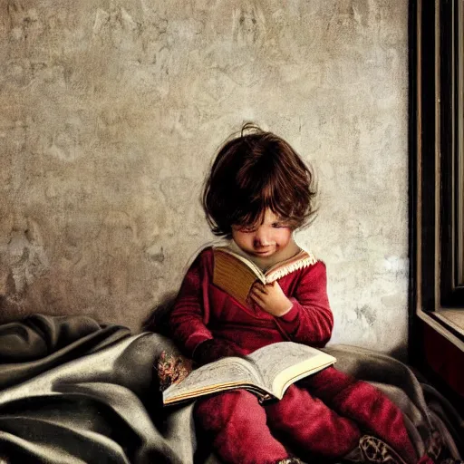 Prompt: hyperdetailed elaborate minimalist photorealistic half-lenght side portrait of a child, reading an interesting maximalist illustrated book inside a modern room. in the style of Michelangelo and Caravaggio. amazing textures and light. flemish baroque details, vibrant pastel tones. matte background. HD 8x no frame
