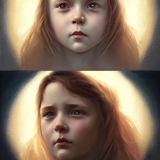 Image similar to pure love is patient love is kind, mother and child ; photorealistic oil painting by charlie bowater and mark brooks ; highly detailed cute faces by wlop ; trending on artstation ; 8 k high resolution, symmetrical, cinematic, high coherence, golden ratio, rule of thirds, perfectly centered ; anatomically correct faces