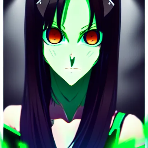 Prompt: a woman with dark green hair and glowing green eyes, anime, artstation, trending on artstation