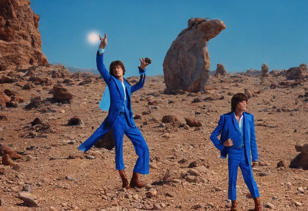 Prompt: mick jagger dressed in blue costume with jewels in a dry rocky desert landscape, with alien complex city beneath the sand and giant alien spaceship in the sky attacks the earth by christopher doyle and alejandro jodorowsky, anamorphic lens, kodakchrome, cinematic composition, masterpiece, 8 k