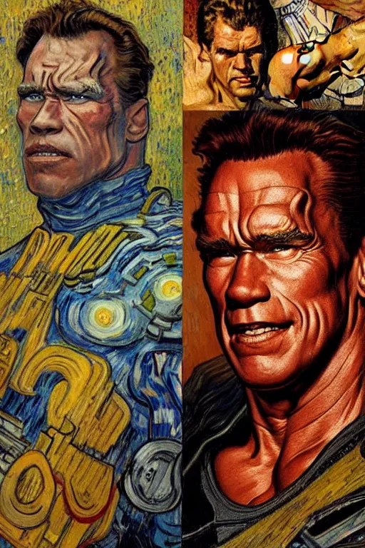 Prompt: character art the contra, bill rizer, arnold schwarzenegger, by karol bak, jean deville, gustav klimt, and vincent van gogh