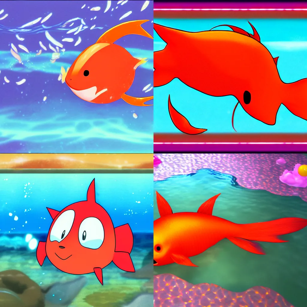 Prompt: Magicarp swimming in Water Anime Style, Photo from Pokemon Snap