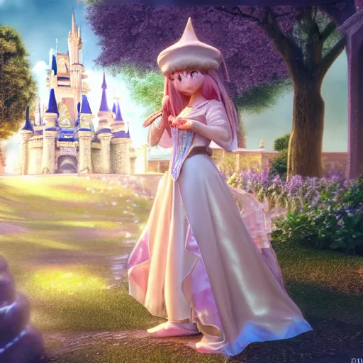 Image similar to a very detailed, ultra-realistic, pleasant, beautiful, funny, smooth 3D CG render, semirealistic anime style, close-up of a gorgeous, cute, gentle, noble priestess magician princess girl wearing dress and jewelry, in a glorious magic kingdom with castle and walls, relaxing calm vibes, fairytale, octane render