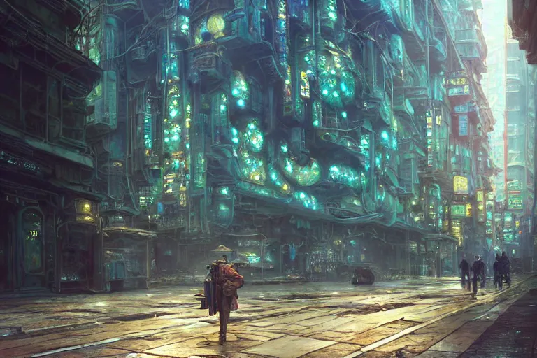 Image similar to A very detailed flower on the street of a very highly detailed solarpunk city art by Greg Rutkowski, neofuturistic highly detailed, digital concept art, Dimensional cyan gold natural light, sharp focus, Golden Ratio illustration, realistic concept art by Stephen Hickman and James Gurney and Hiromasa Ogura Ghost in the Shell rendered in Octane Render