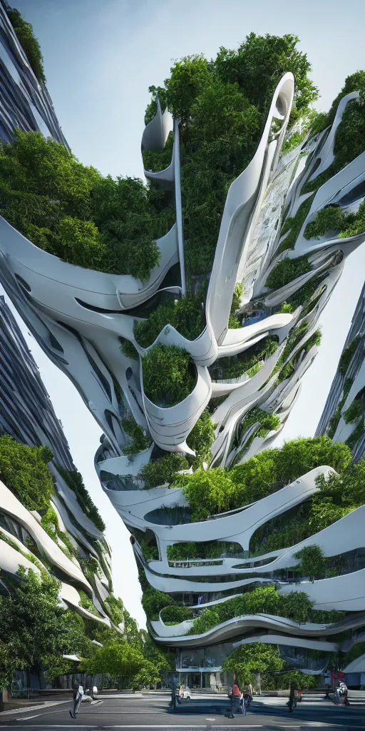 Prompt: street view of green building in city designed by zaha hadid with trees and people walking, birds flying, cinematic, cinematic lighting, sunset photograph, vfx film, ultrarealistic, artstation trending, 8 k