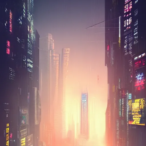 Image similar to cyberpunk shanghai in the night seen from below, cityscape, mist, rain, artstation, greg rutkowski, hq