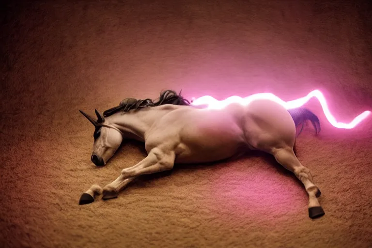 Image similar to [Rainbow Dash], Horse laying down, Professional equine photography with mood lighting, Equestria