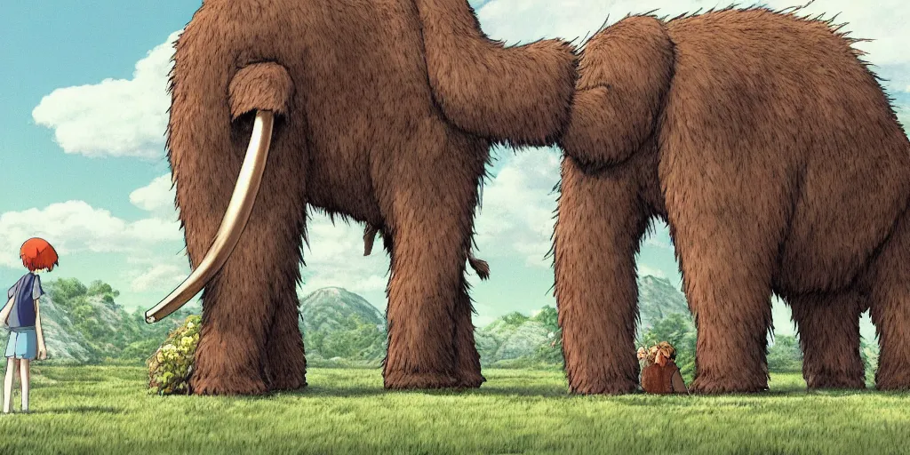 Image similar to a realistic cell - shaded studio ghibli concept art from paprika ( 2 0 0 6 ) of a giant wooly mammoth. very dull colors, wide shot, hd, 4 k, hq