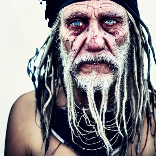 Prompt: photo portrait | white hair | very old and rugged | dirty very skinny pirate | tattoos on face | white dreadlocks hair | one eyepatch | crooked teeth | wearing a red headband and black hat | very detailed photo | sigma lens 70mm