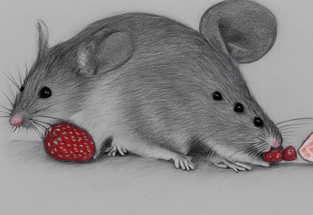 Image similar to pencil sketch of a mouse eating a strawberry, graphite on paper, trending on Artstation