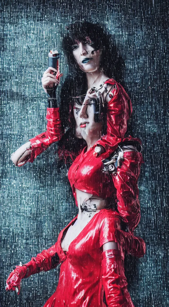 Prompt: woman, android, cyberpunk, artificial limbs, circuit, wires, mechanisms, tattoos, neon light, hard light, glamour, vogue photoshoot, fashion, long dress, red dress, raindrops, rain, wet, make - up, leaky make - up, red lipstick