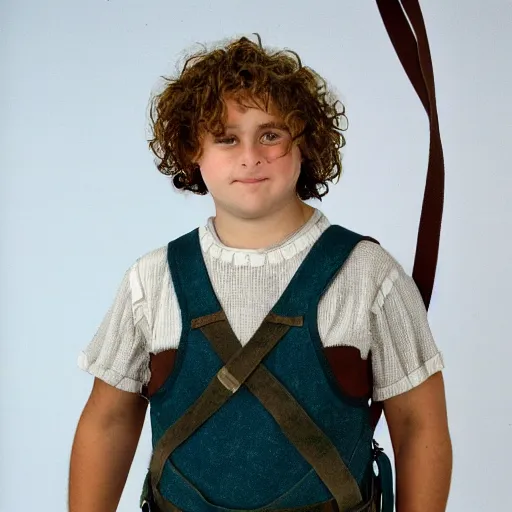 Image similar to pudgy British teen with short curly dark brown hair as a hobbit wearing a white men's crossbody sling chest bag and blue vest